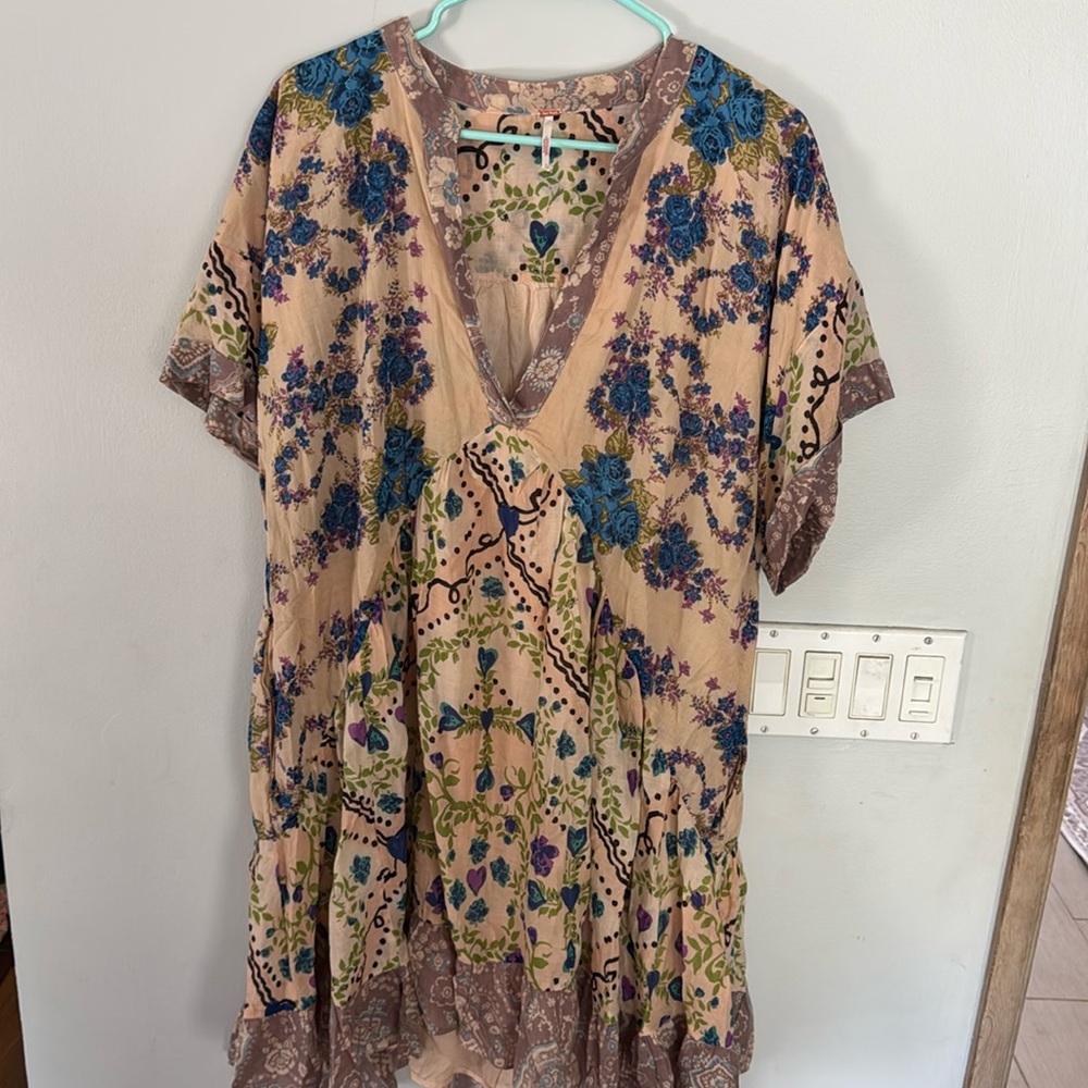 Free People Floral Mini Dress - Blue and Tan